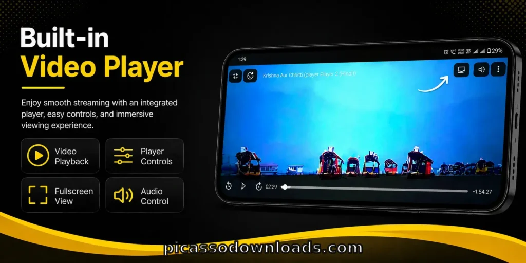 Built-in video player feature banner for Pikashow app download and watch movies with Built-in video player