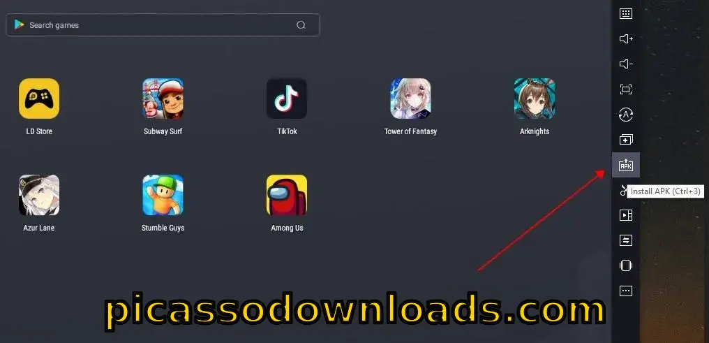 LDPlayer emulator interface showing multiple mobile apps and the “Install APK” button highlighted on the right toolbar.