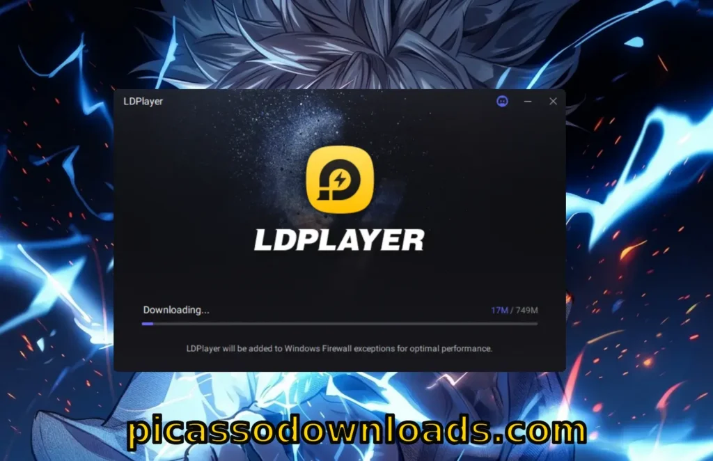 LDPlayer installation screen showing the download progress bar over an anime-style background.