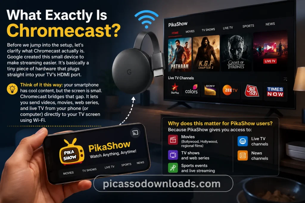Illustration showing how Chromecast streams PikaShow movies, TV shows, web series, and live TV from a smartphone to a television.