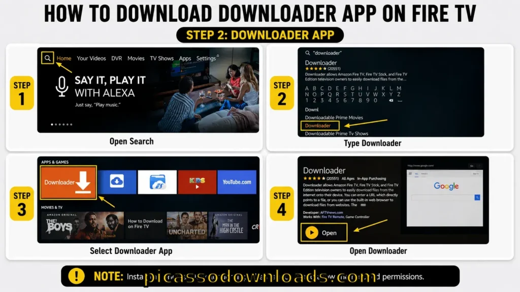 FOR Fire TV 7 Step by step guide showing how to download Downloader app on Fire TV by opening search, typing Downloader, selecting the app, and opening it