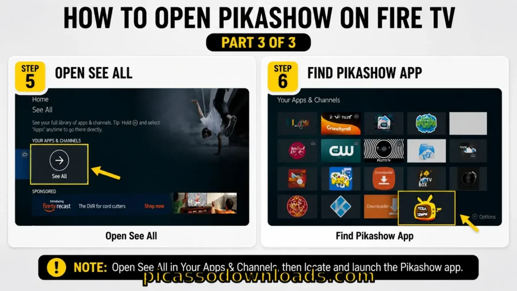 FOR Fire TV 10 Fire TV guide showing how to open the Pikashow app in “See All” apps