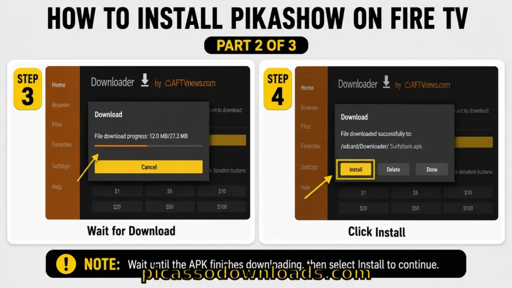 FOR Fire TV 9 Fire TV guide showing download progress and installation for Pikashow APK