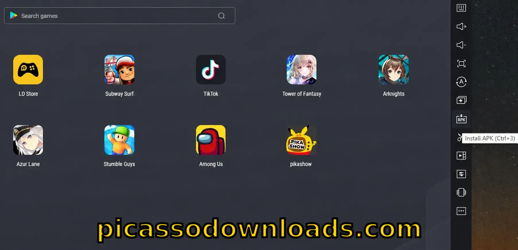 LDPlayer emulator interface showing mobile game apps including Subway Surfers, TikTok, Tower of Fantasy, Arknights, Azur Lane, Stumble Guys, Among Us, and Pikashow,