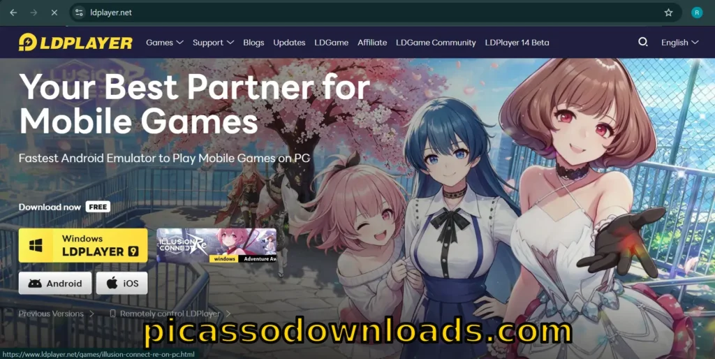 LDPlayer website homepage showing Android emulator for PC with anime-style characters and download options for Windows, Android, and iOS.