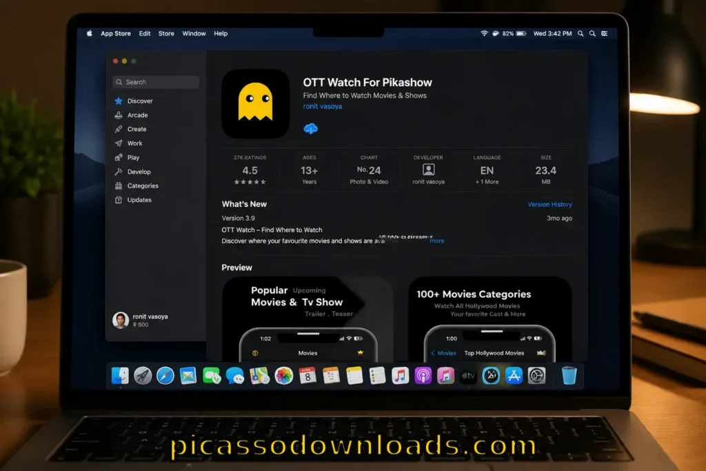 APK download free now banner with yellow retro TV, streaming features, movies, OTT platforms, live sports, and download Pikashow for mac button