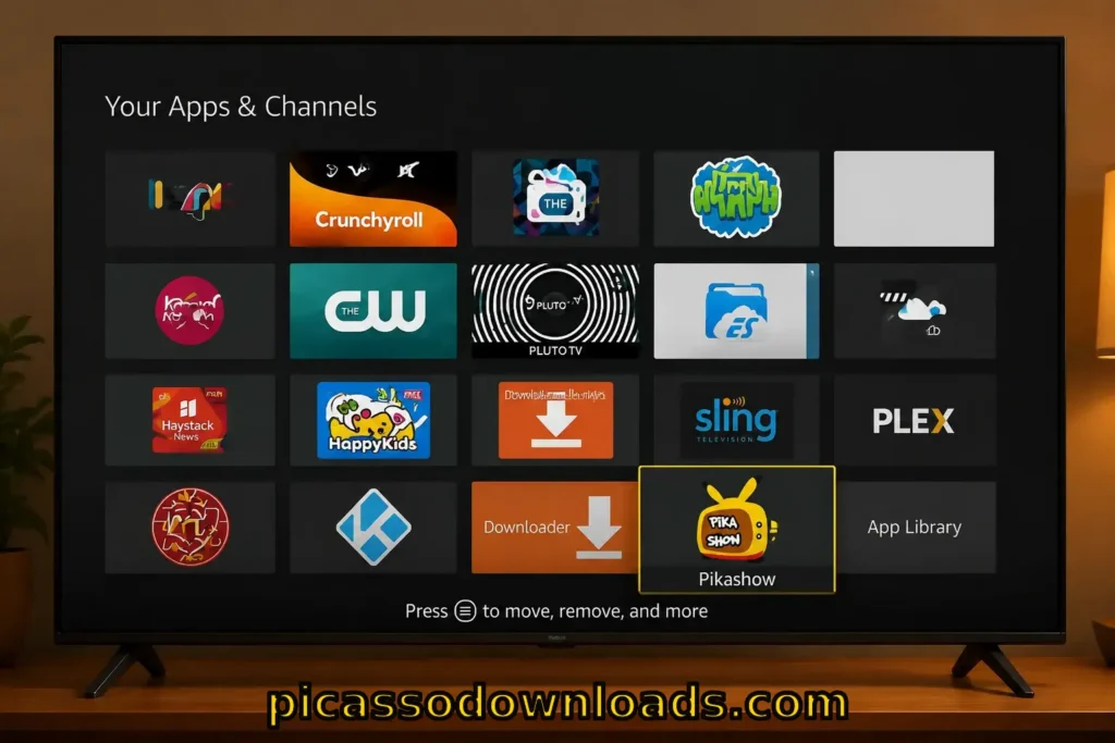 APK download free now banner with yellow retro TV, streaming features, movies, OTT platforms, live sports, and download for Fire TV button
