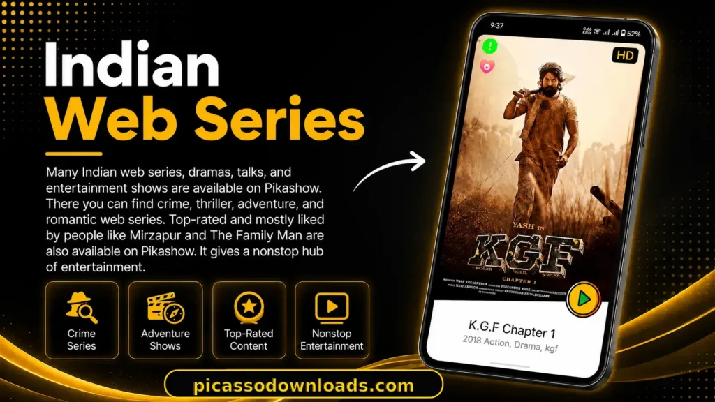 Pikashow Indian web series banner with KGF mobile poster and feature icons