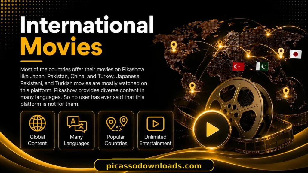 Pikashow international movies banner with world map, film reel, and global content icons