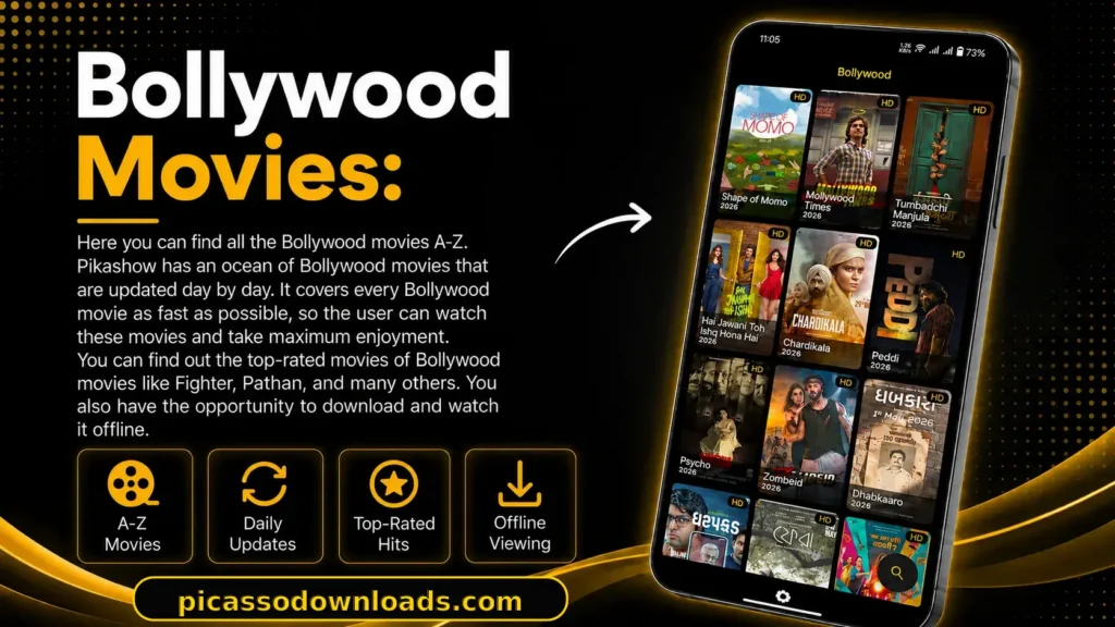 Pikashow APK Bollywood movies banner with mobile movie grid and feature icons