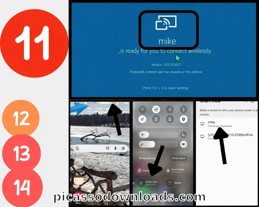 Windows and mobile screenshots showing wireless screen mirroring setup with a PC named “mike” ready to connect and the phone’s Smart View feature.
