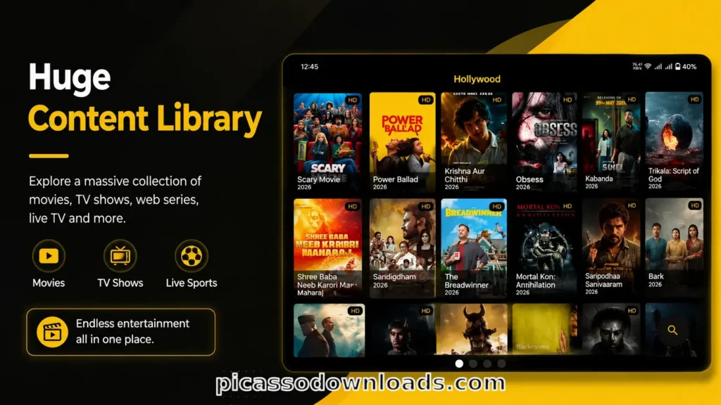 Huge content library feature showing movies TV shows web series and live channels on pikashow app download the latest version 