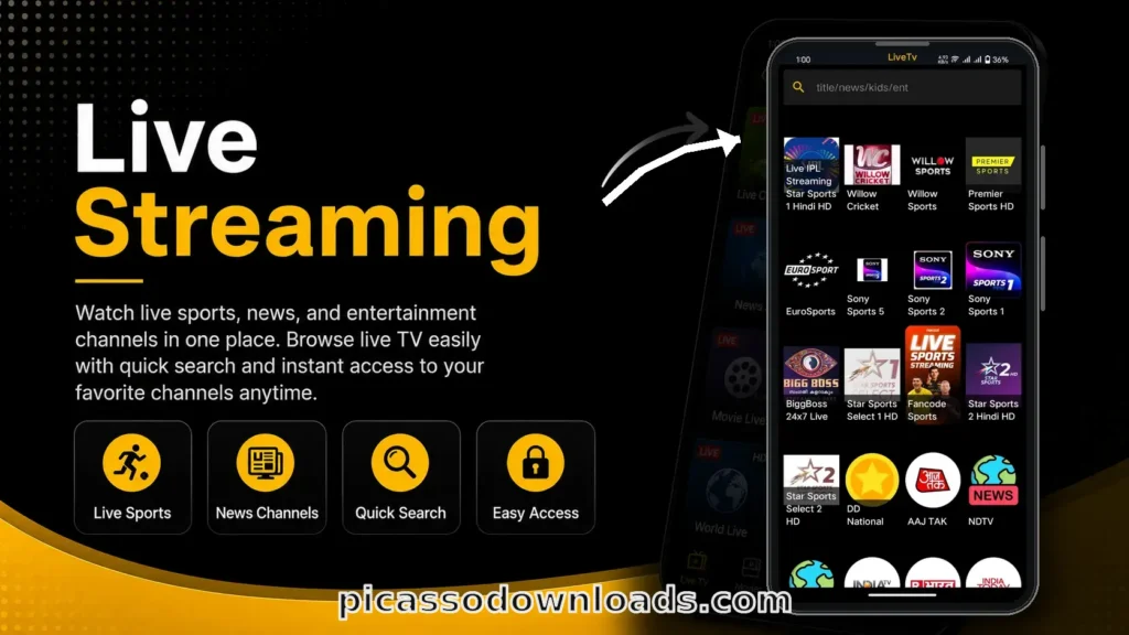 Live TV streaming feature showing sports and news channels on pikashow app download the 2026 version for this support.