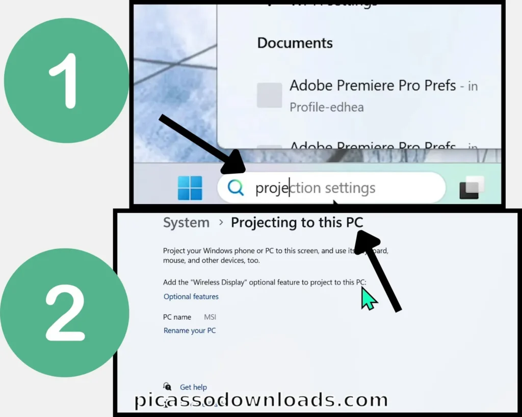 Step-by-step screenshot showing how to search projection settings and open Projecting to this PC in Windows.