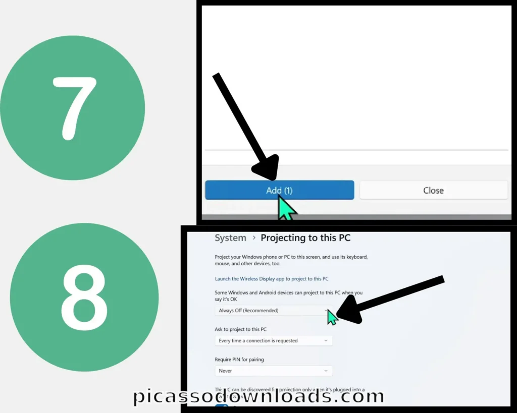 Windows “Projecting to this PC” settings showing the “Always Off” dropdown selected for projection permissions.