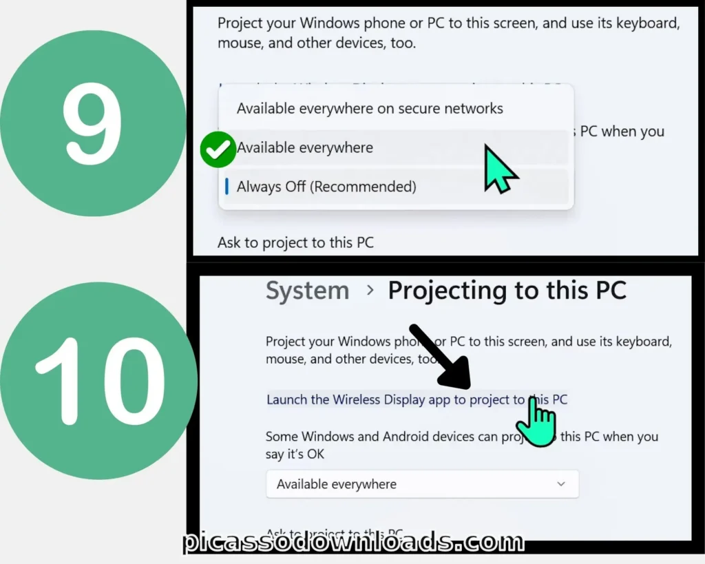 Windows “Projecting to this PC” settings page showing the link to launch the Wireless Display app