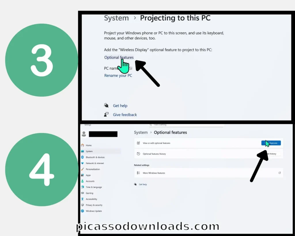 Windows screenshot showing the “Projecting to this PC” settings page with the Optional Features link highlighted.