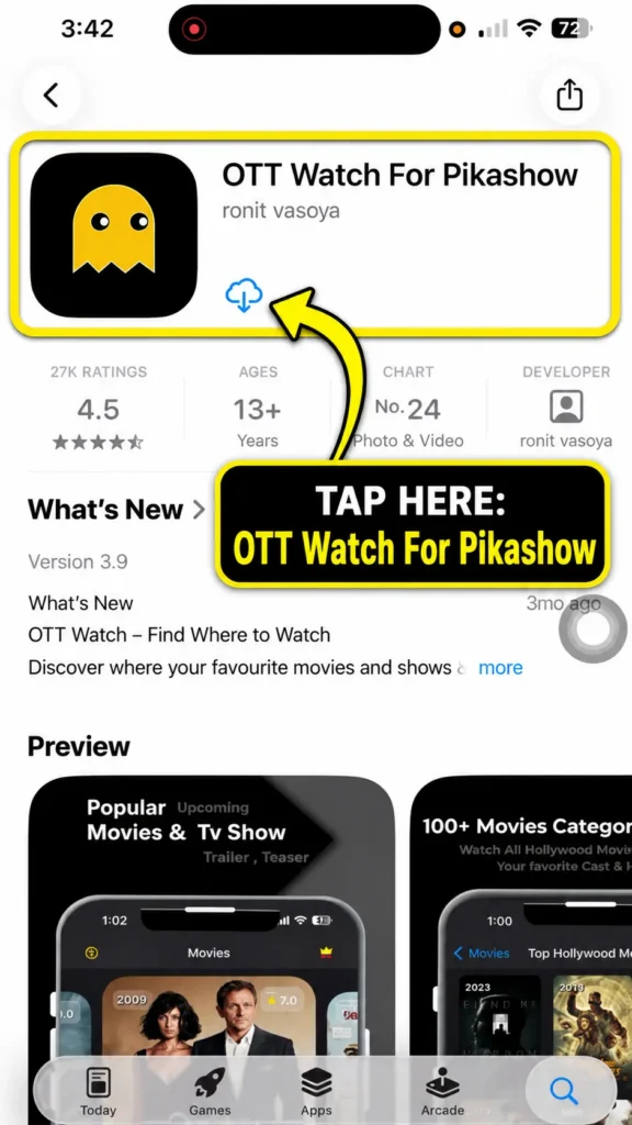 Search results on iPhone showing App Store highlighted for “pikashow app”
