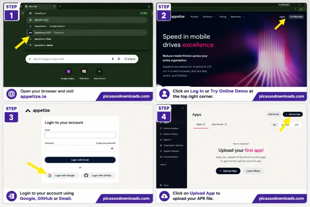 Pikashow For Web 1 Pikashow for Web Appetize.io tutorial showing how to open the website, sign in with Google, and upload the Pikashow APK file