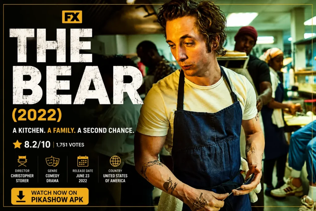 The Bear (2022) featured image showing Carmy working in a busy Chicago restaurant kitchen.