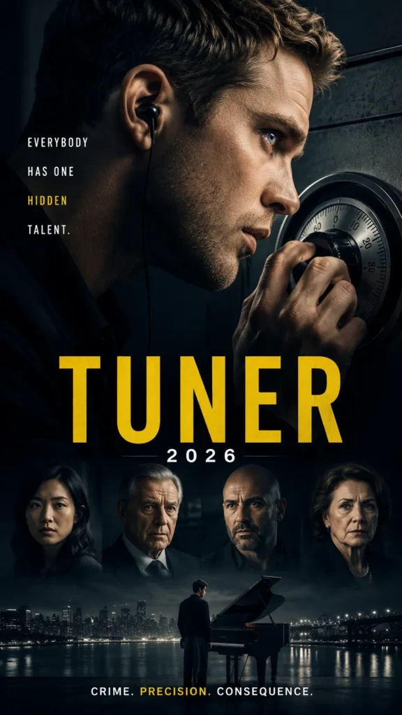 Tuner (2026) movie poster featuring a gifted piano tuner listening to a safe lock in a dark crime thriller scene.