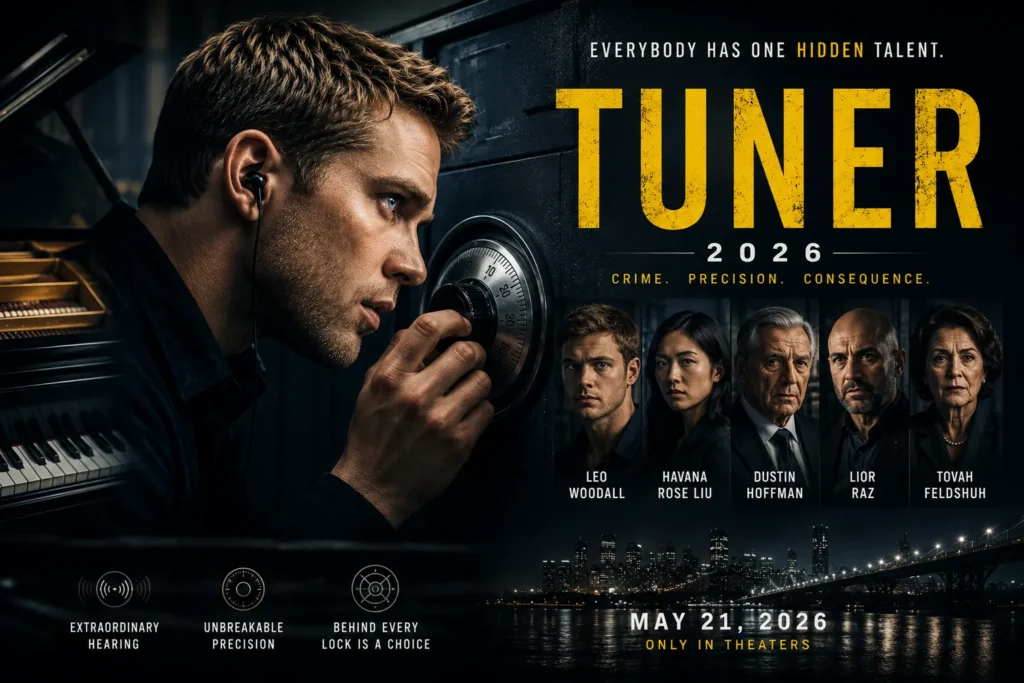 Tuner (2026) featured image showing a piano tuner unlocking a safe with the movie title and main cast.