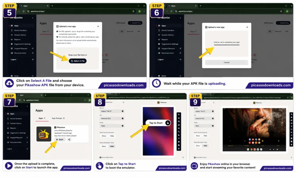 Pikashow For Web 2 Pikashow for Web tutorial showing APK upload progress, launching the emulator, starting Pikashow, and streaming online with Appetize.io