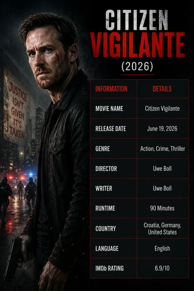 Citizen Vigilante (2026) movie poster featuring the main character with movie information table
