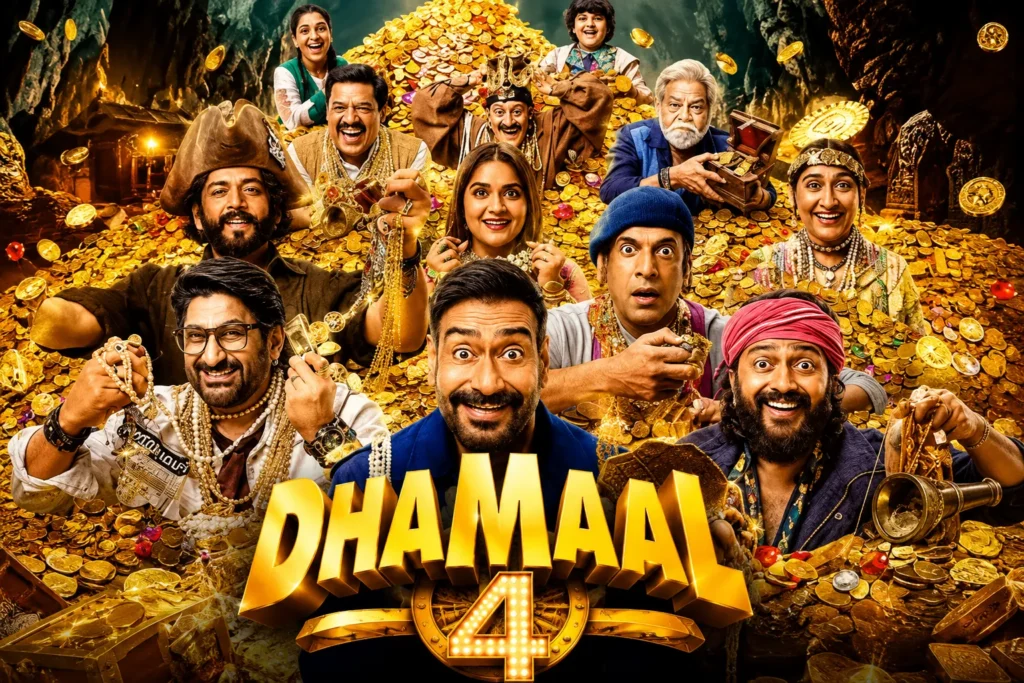 Dhamaal 4 (2026) featured image with Ajay Devgn and the ensemble cast surrounded by treasure