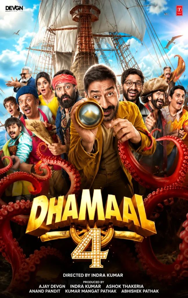 Dhamaal 4 (2026) movie poster featuring Ajay Devgn and the main cast in a treasure hunt adventure