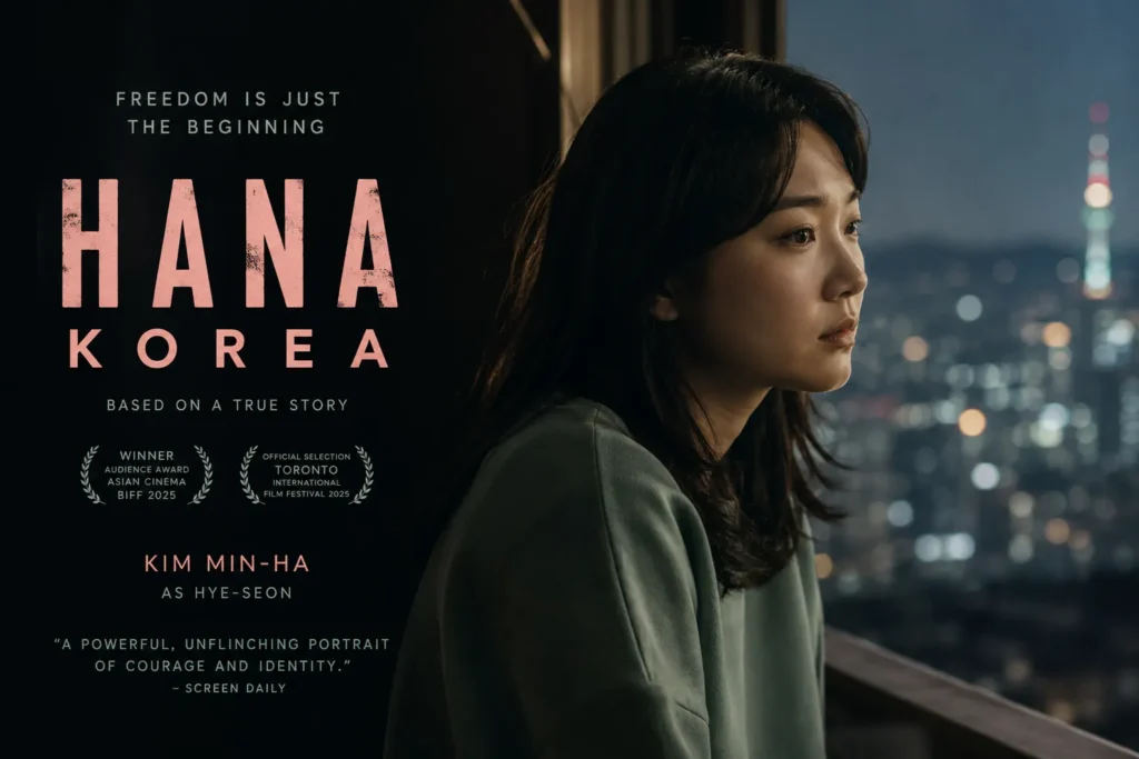 Cinematic promotional poster of Hana Korea (2026) featuring the lead character Hye-seon with a reflective minimalist design.