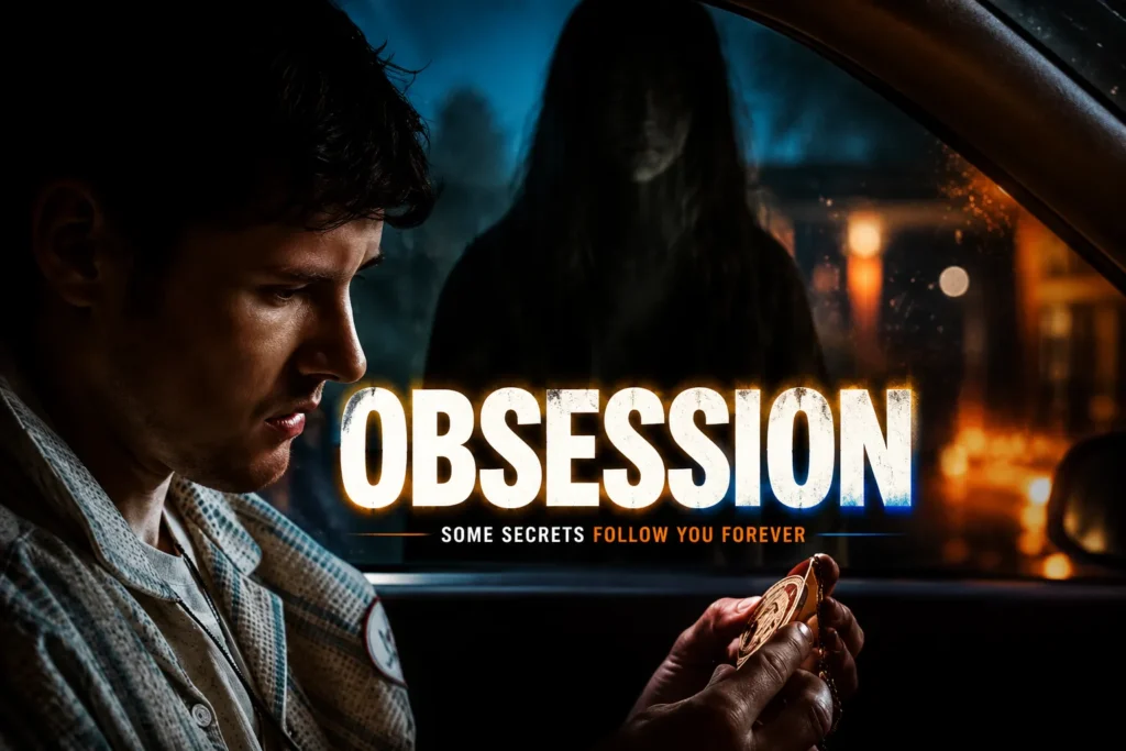Obsession (2025) featured image showing a man inside a car with a mysterious shadow figure outside.