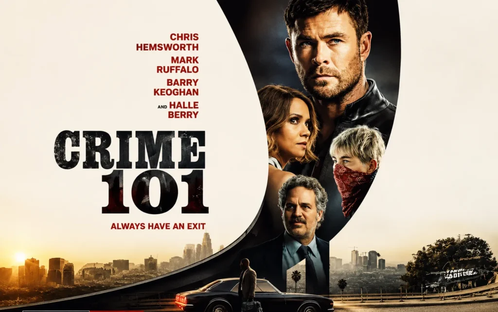 Crime 101 (2026) featured image with Chris Hemsworth and the main cast in a stylish crime thriller poster.