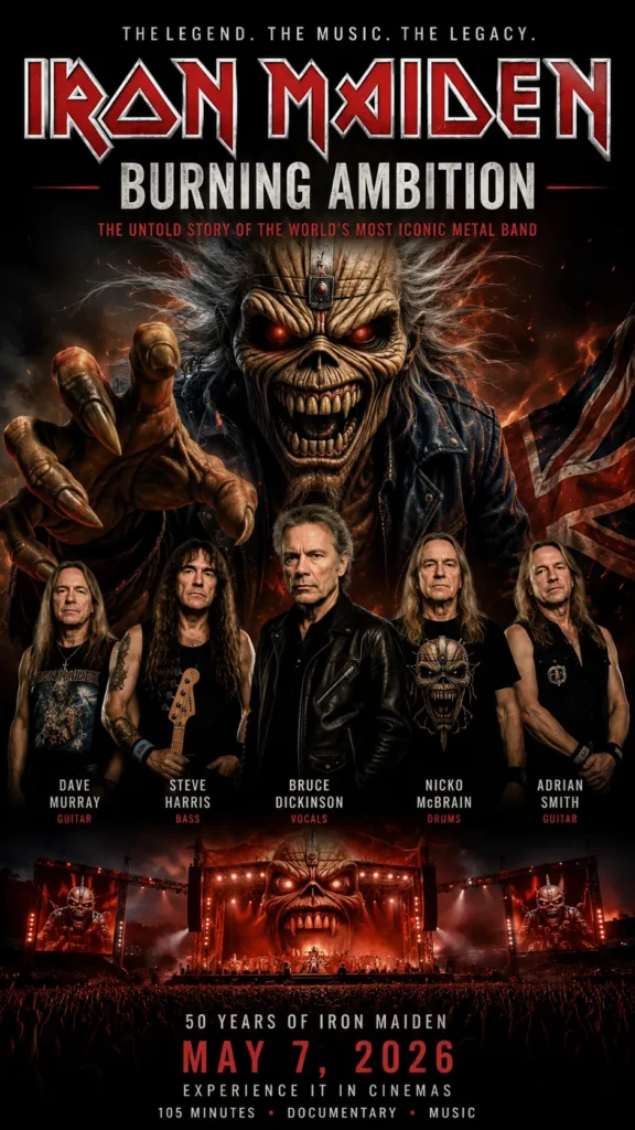 Iron Maiden: Burning Ambition (2026) documentary poster featuring the band members and Eddie mascot