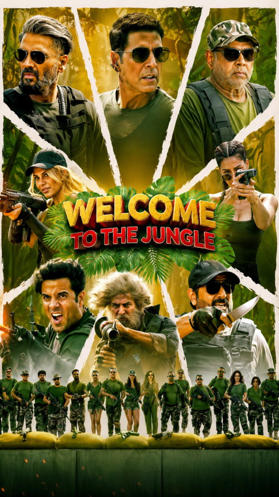 Welcome to the Jungle (2026) movie poster featuring Akshay Kumar and the ensemble cast in a jungle action-comedy adventure.