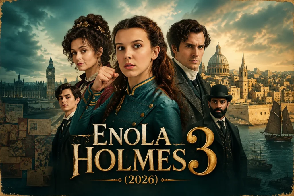 Enola Holmes 3 (2026) featured image with Enola Holmes, Sherlock Holmes, Dr. Watson, and Victorian Malta backdrop