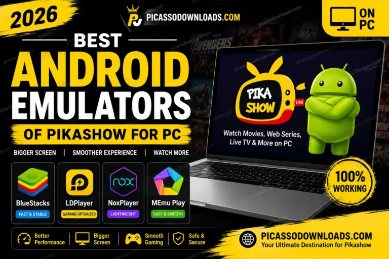 Best Android emulators for Pikashow on PC featuring BlueStacks, LDPlayer, NoxPlayer, and MEmu Play on a Windows laptop.
