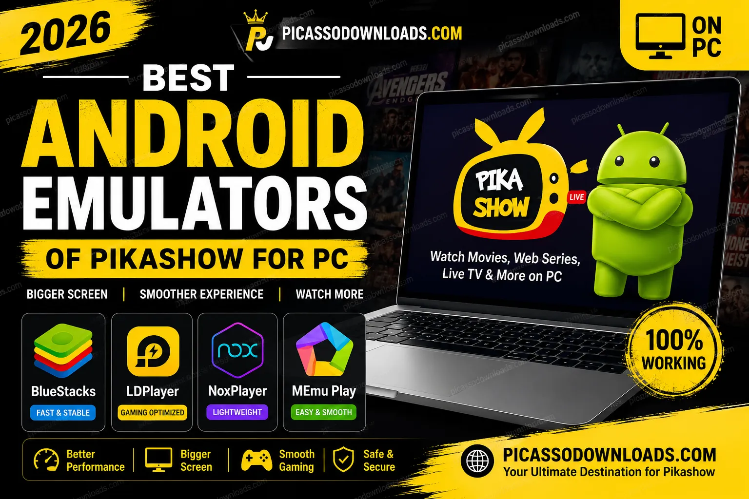 Best Android emulators for Pikashow on PC featuring BlueStacks, LDPlayer, NoxPlayer, and MEmu Play on a Windows laptop.