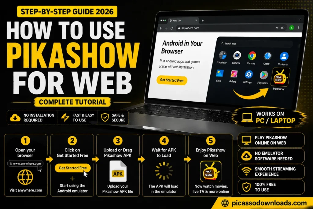 Complete tutorial showing how to use Pikashow for Web on a PC or laptop by uploading the APK in a browser and streaming movies, live TV, and web series online.