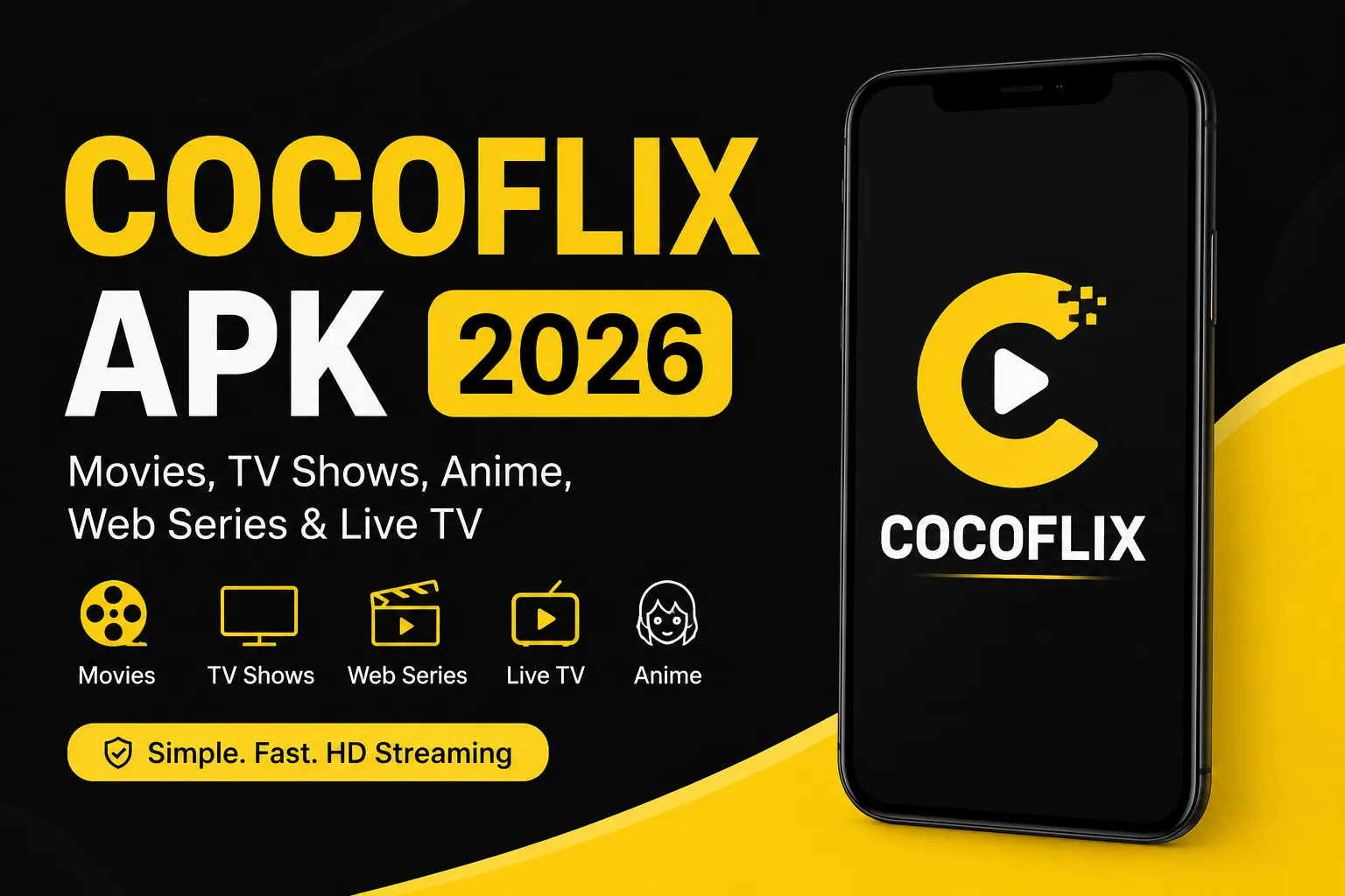 Cocoflix APK 2026 featured image showing Android streaming app with movies, TV shows, anime, web series, and live TV support.