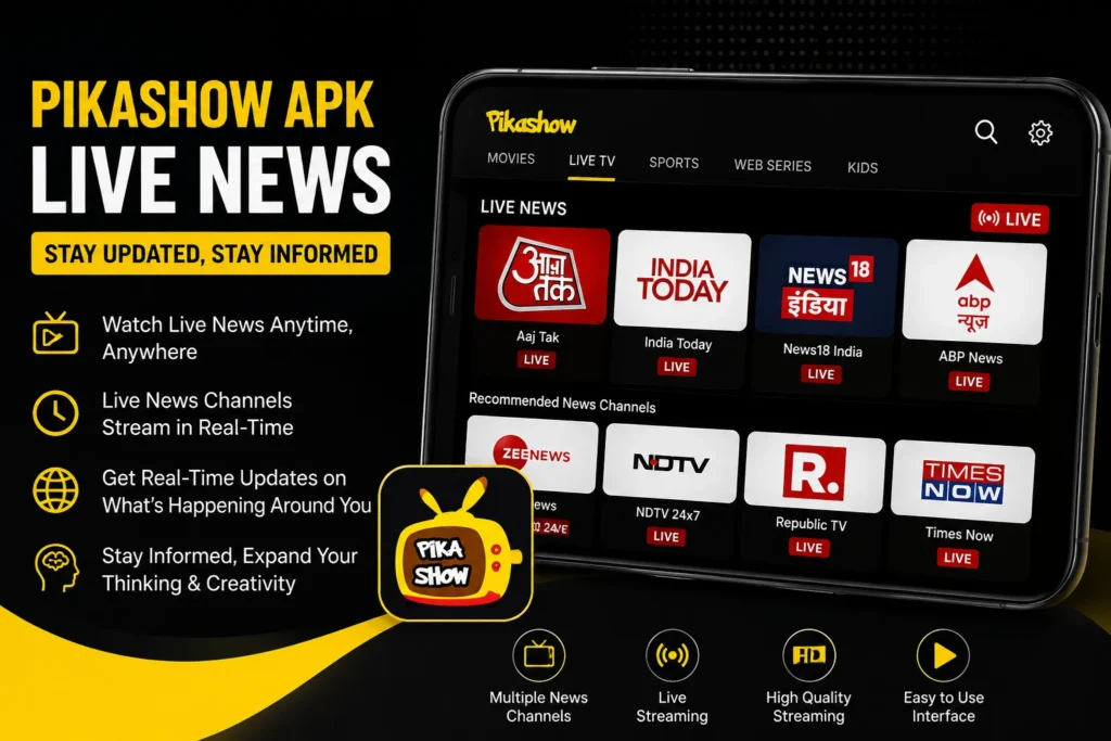 Pikashow APK Live News feature showing live TV news channels with real-time news streaming interface.
