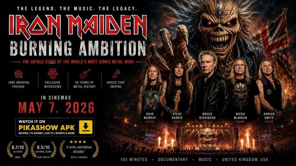 Iron Maiden Burning Ambition 2026 featured image with band members, Eddie mascot, and concert stage