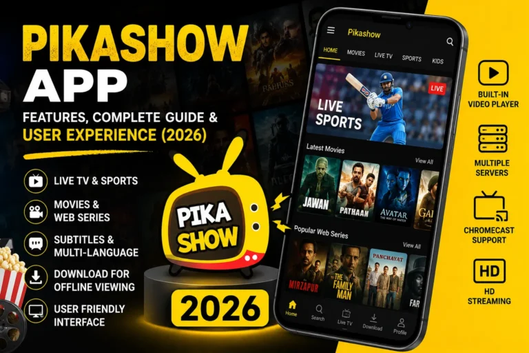 Pikashow app features guide 2026 showing movies, live TV, sports, subtitles, HD streaming, and user-friendly interface