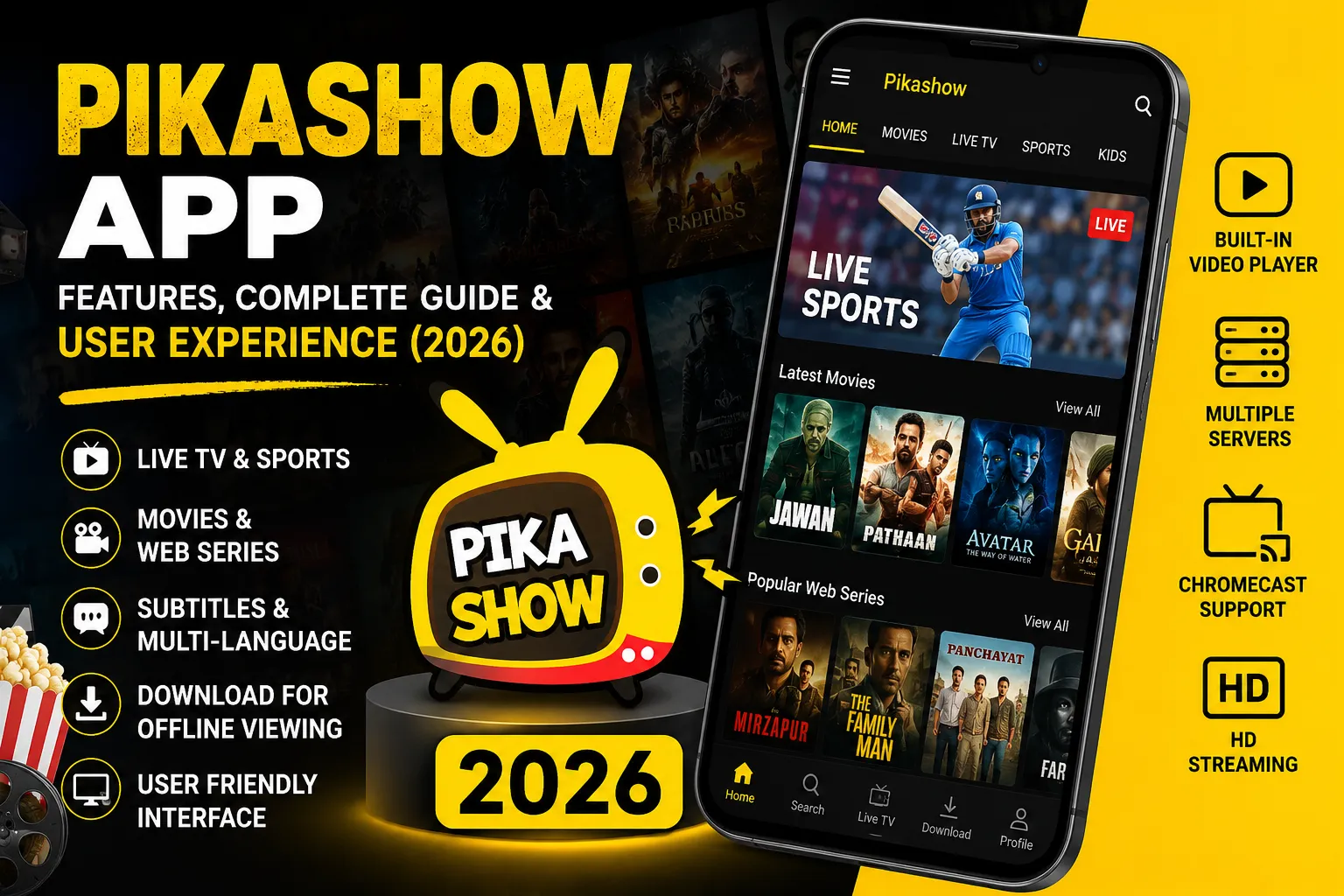 Pikashow app features guide 2026 showing movies, live TV, sports, subtitles, HD streaming, and user-friendly interface