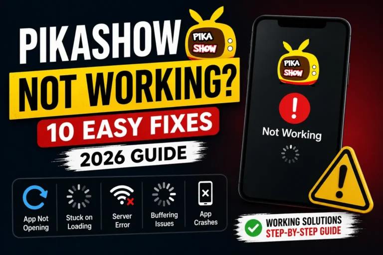 Why Is Pikashow Not Working? 10 Easy Fixes (2026) 7 Pikashow not working guide showing common issues like app not opening, loading, server error, buffering, and 10 easy fixes in 2026.