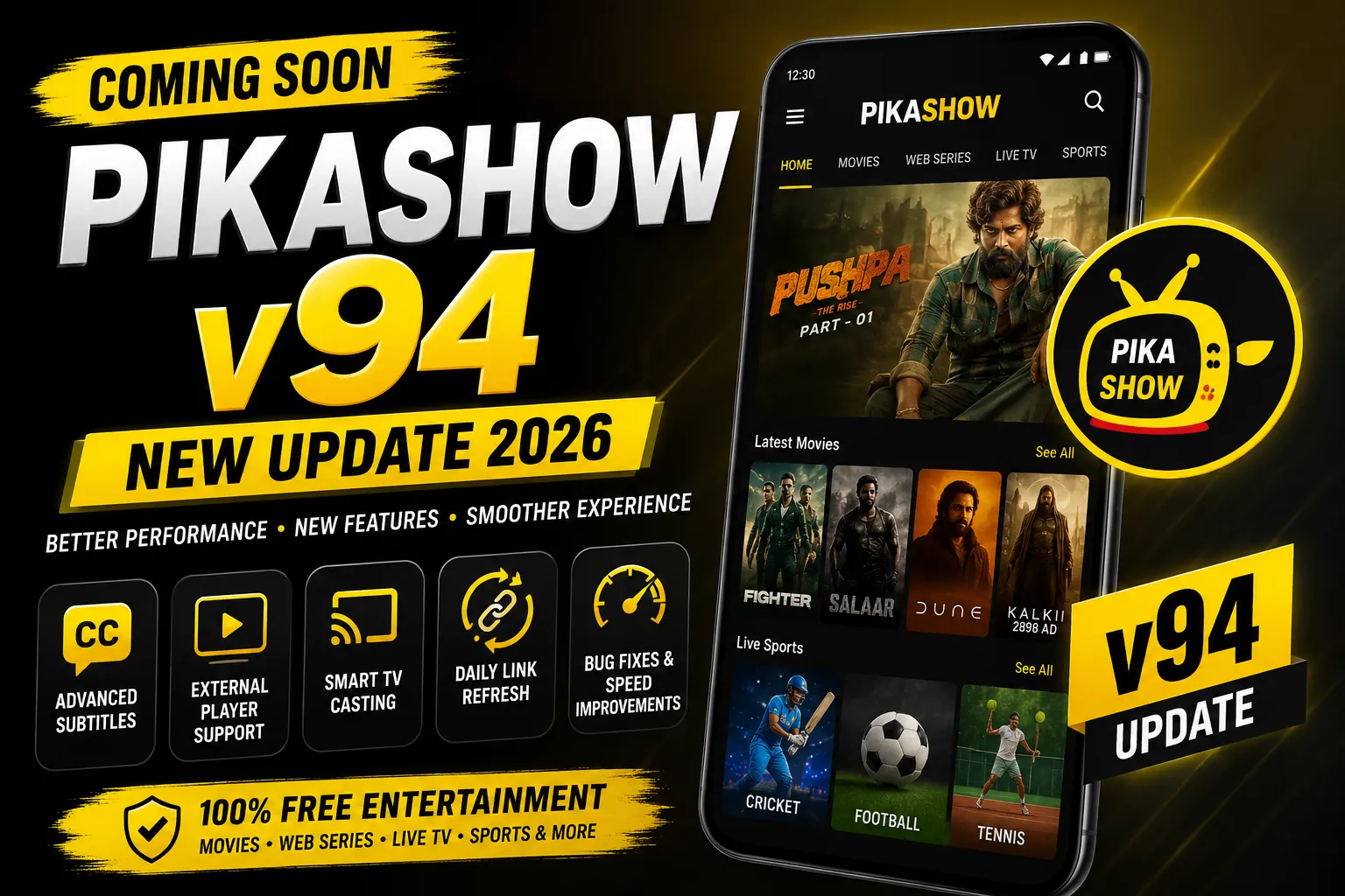 Pikashow v94 APK Coming Soon 2026 featured image showing new update, Android streaming app, subtitle support, Smart TV casting, and performance improvements.