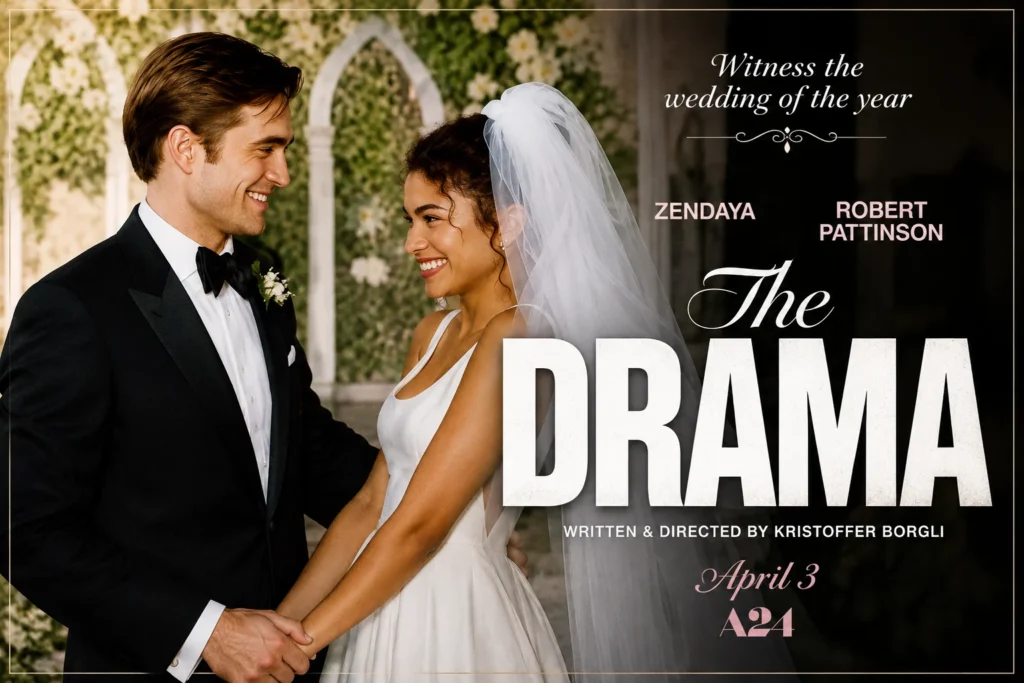 The Drama (2026) featured image showing the bride and groom during their wedding ceremony