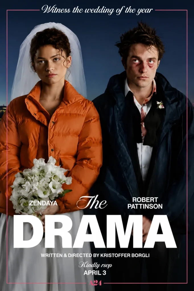 The Drama (2026) official movie poster featuring the lead couple before their wedding