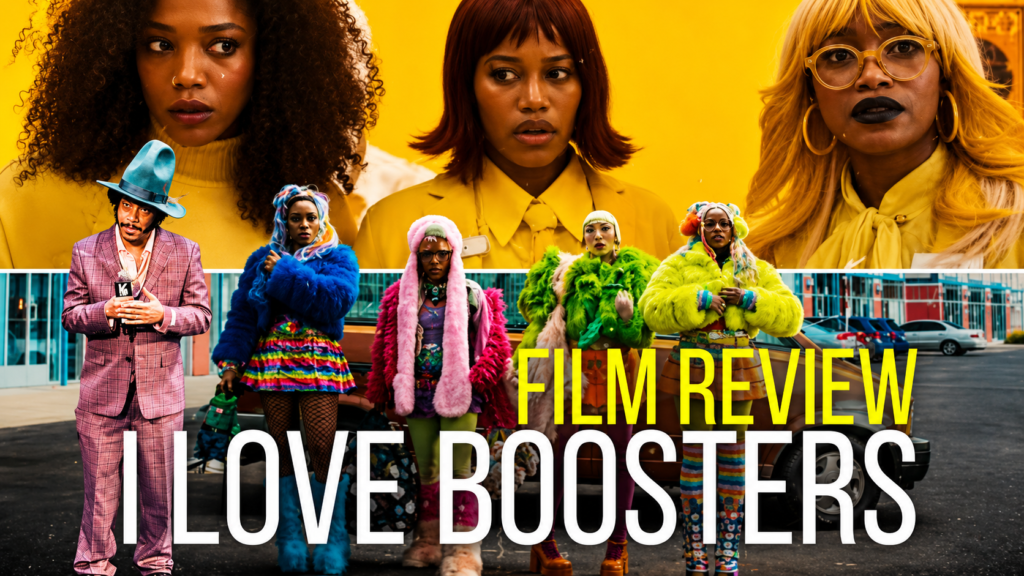 Love Boosters (2026) featured image showing the main cast in a cinematic collage with colorful outfits, bold yellow background, and the title "Film Review – Love Boosters".