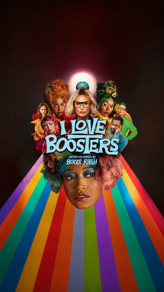 Love Boosters (2026) featured image showing the main cast in a cinematic collage with colorful outfits, bold yellow background, and the title "Film Review – Love Boosters".